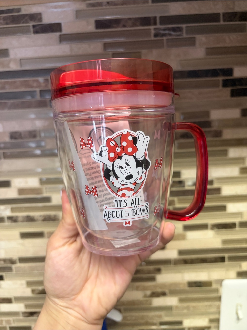 Disney Minnie Mouse Clear Travel Mug with Red Lid and Handle NWT